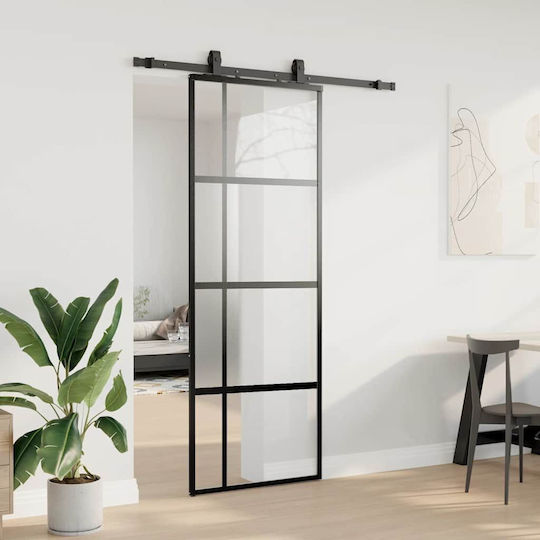 Vidaxl Συρόμενη Πόρτα Σετ Υλικού Μαύρο 76x205 Cm Γυαλί Μετριασμένο Μαύρο