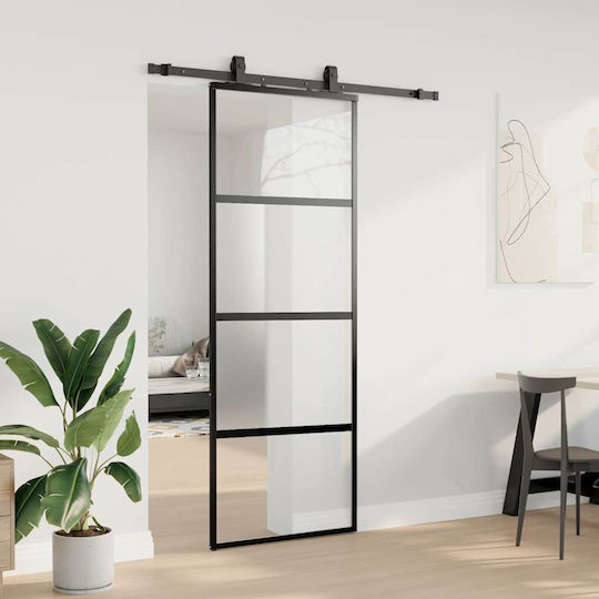 Vidaxl Συρόμενη Πόρτα Σετ Υλικού Μαύρο 76x205 Cm Γυαλί Μετριασμένο Μαύρο