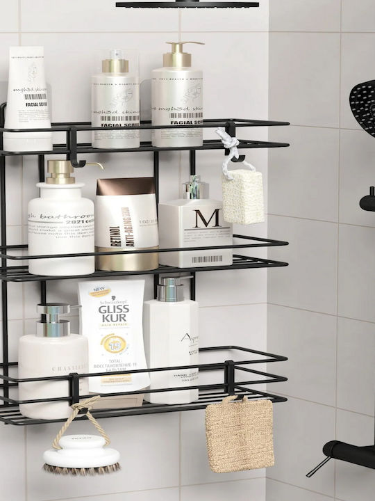 Femmit Wall-Mounted Metal Adhesive Bathroom Shelf 3 Shelves 4 Hooks 10x25x48 Cm Matte Black