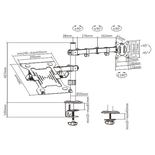 Gembird Stand Desk Mounted Monitor up to 32" with Arm & Notebook Tray (MA-DA-03)