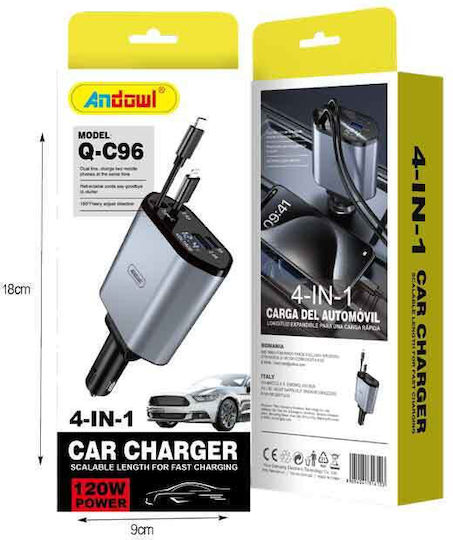 Andowl Car Charger Fast Charging with Ports: 1xUSB 1xType-C with Cable Type-C