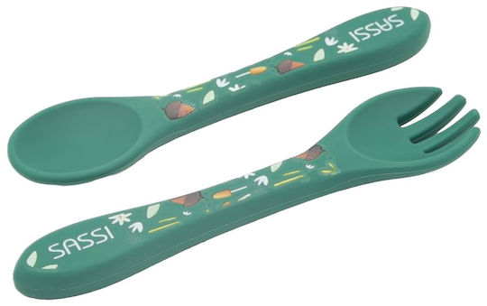 Sassi Junior Βρεφικό Σετ με Πιρούνι από Σιλικόνη Πράσινο 2τμχ