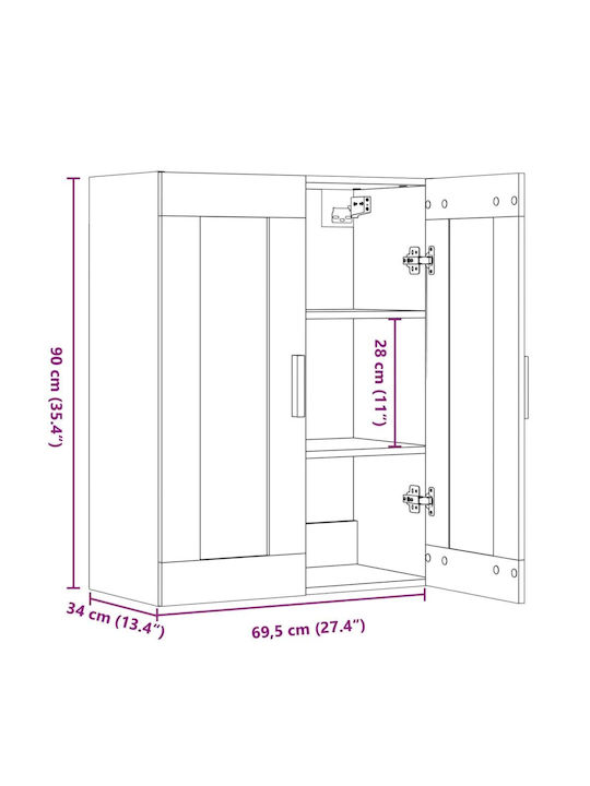 Wall Living Room Display Cabinet made of Particleboard with Glass Brown 69.5x34x90cm