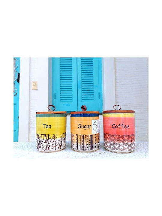 Etoile Nature Set of 3 Ceramic Food Jars for Sugar Coffee and Tea with Lid 12x12x14cm