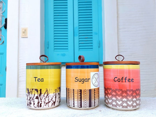 Etoile Nature Set of 3 Ceramic Food Jars for Sugar Coffee and Tea with Lid 12x12x14cm