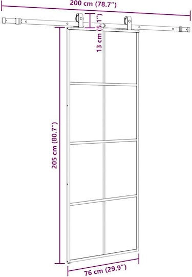 Механизъм за плъзгаща врата черен 76x205 см стъкло ESG черен 76 x 205 см релса 200 см