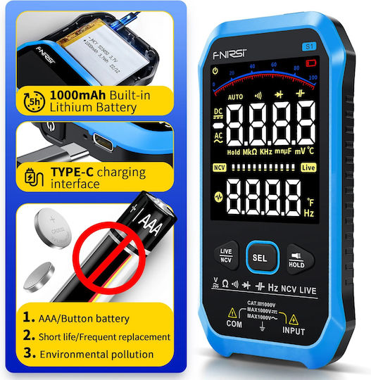 Fnirsi Digital Multimeter True RMS with Buzzer with AC / DC / Resistance / Capacitance / Temperature Measurement FNR-S1-BL