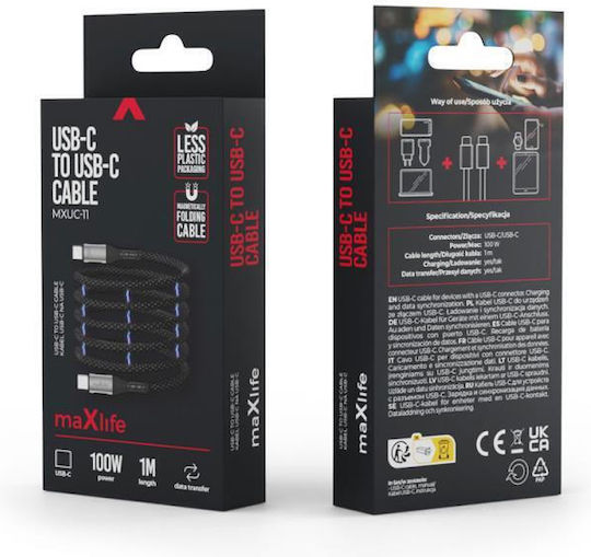 Maxlife Cablu Magnetic USB 2.0 USB-C Tată - USB-C 100W PD Negru 1m
