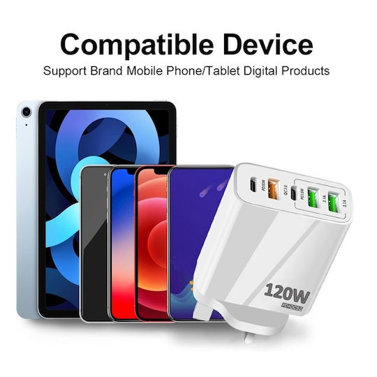 Încărcător Fără Cablu cu 3 Porturi USB-A și 2 Porturi USB-C 120W Quick Charge 3.0 Albς
