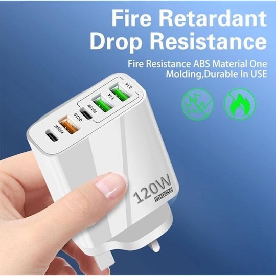 Încărcător Fără Cablu cu 3 Porturi USB-A și 2 Porturi USB-C 120W Quick Charge 3.0 Albς
