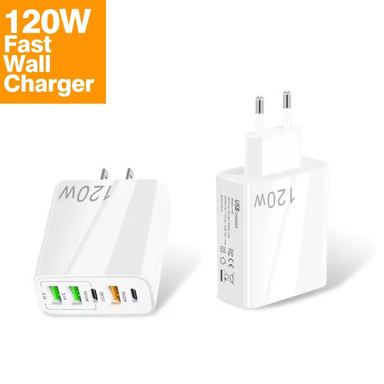 Încărcător Fără Cablu cu 3 Porturi USB-A și 2 Porturi USB-C 120W Quick Charge 3.0 Albς