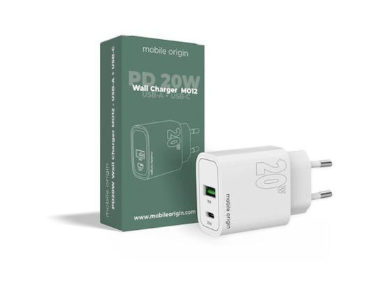 Mobile Origin Ladegerät ohne Kabel mit USB-A Anschluss und USB-C Anschluss 20W Stromlieferung Weißs (FRL-PD20W-MO12)