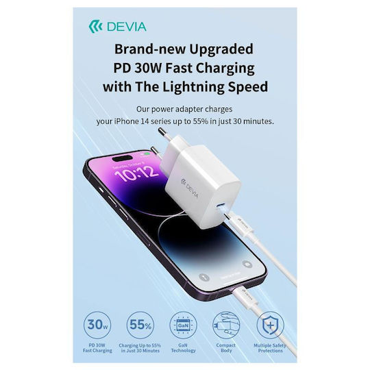 Devia Φορτιστής GaN με Θύρα USB-C και Καλώδιο USB-C - Lightning 30W Power Delivery Λευκός (RCE-3005CL)