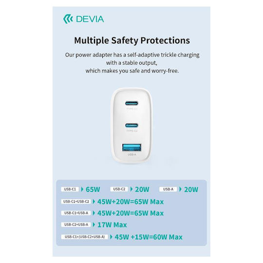 Devia Charger GaN with USB-A Port and 2 USB-C Ports and Cable USB-C - USB-C 65W Power Delivery Whites (Extreme Speed Series RCE-6505ACCL)