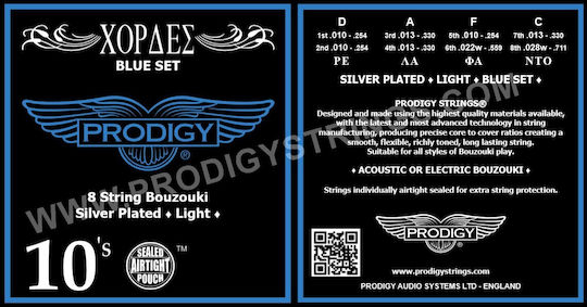 Prodigy Set of Silver Plated Strings for Bouzouki Blue 10 - 28"