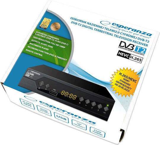 Esperanza DVB-T2 H.265/HEVC EV107R Ψηφιακός Δέκτης Mpeg-4 SD (480p) Σύνδεσεις SCART / HDMI / USB