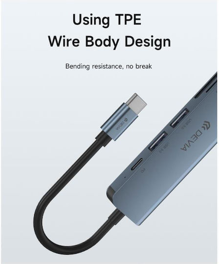 Devia USB Hub 5 Ports USB 3.1 with USB-C Connection Gray