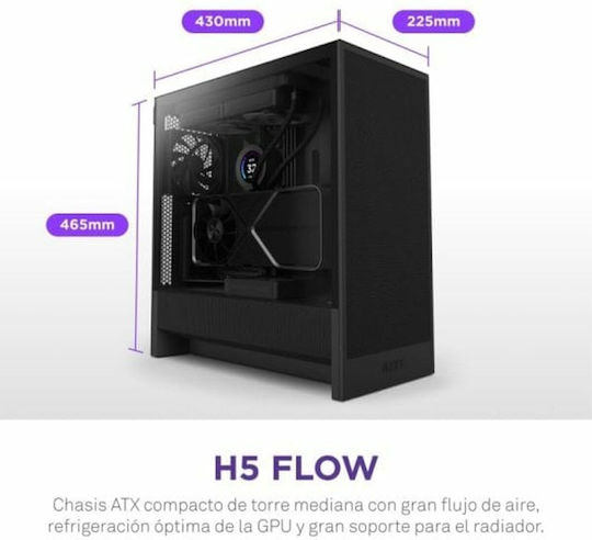NZXT H5 Flow Gaming Midi Tower Кутия За Компютър Със Страничен Прозорец Черна