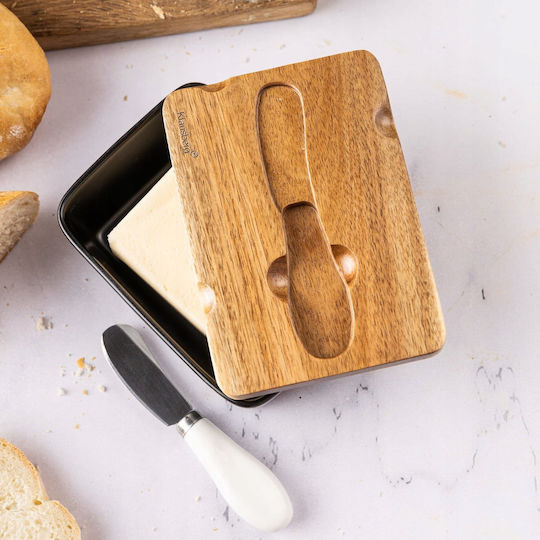 Porzellan-Butterdose mit Messer und Akazienholzdeckel Klausberg Kb-7784 Schwarz