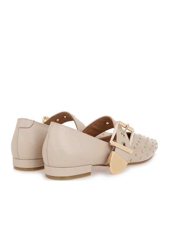 Leder Damen Ballerinas Mary Jane Beige