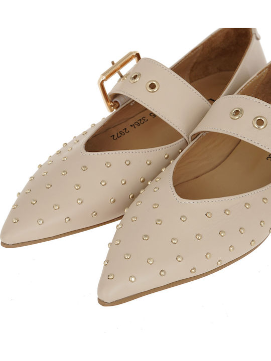 Leder Damen Ballerinas Mary Jane Beige