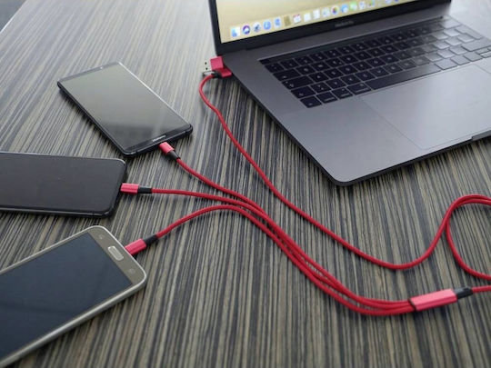 Smrter Hydra Ultra 5in1 Regular Cablu USB la Lightning / Type-C / micro USB cu mai multe porturi Roșu 1m