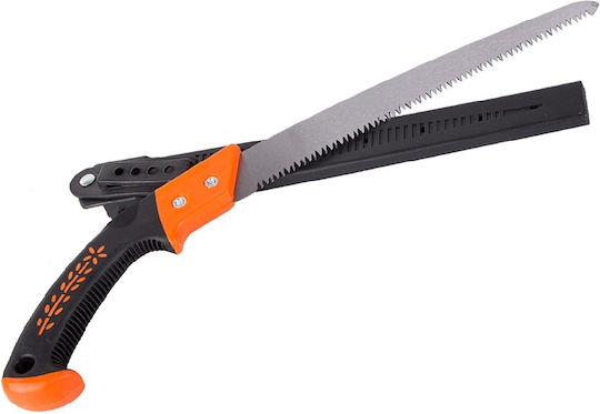 Fierăstrău manual cu teacă de siguranță, mâner din plastic, lungime totală 49cm, lamă 30cm, negru-portocaliu