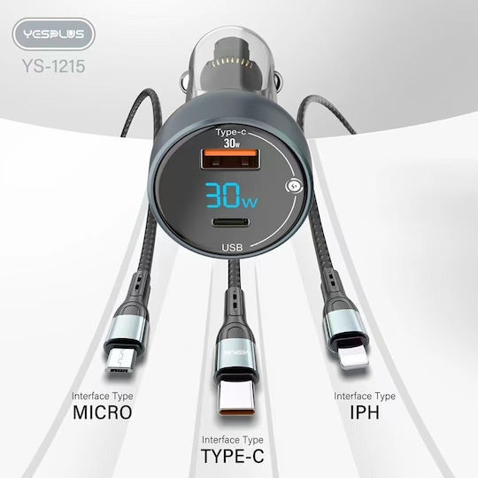 Yesplus Auto-Ladegerät 30W 2.25A Schnellladen mit Anschlüssen: 1xUSB 1xType-C zusammen mit Mikro-USB / Type-C Kabel Silber Farbe