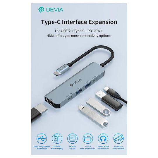 Devia EC702 USB-C Докинг станция с HDMI 4K PD Сив