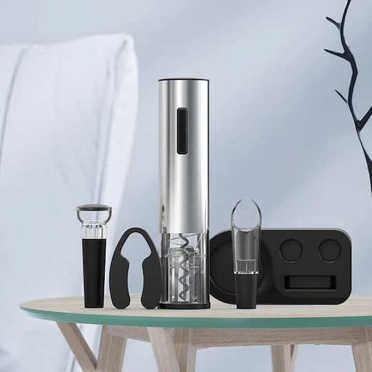 Set Deschizător Electric de Vin 5 în 1 Bază de Încărcare Aerator Tăietor de Foli Silver