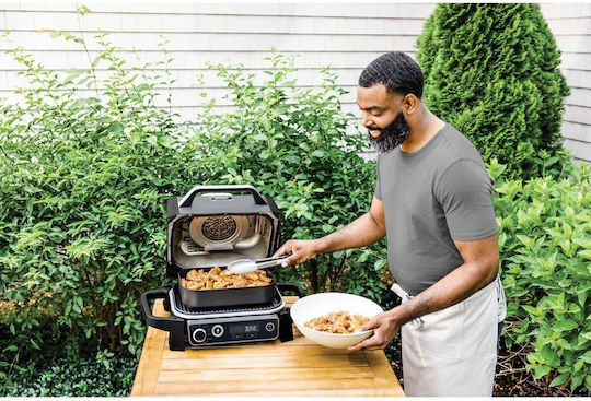 Ninja Woodfire Tabletop Electric Grill Ribbed Plate 2400W with Lid and Adjustable Thermostat 37cmx28cmcm