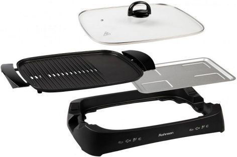 Elekom with Glass Tabletop Electric Grill Grill and Smooth Plate 1800W with Lid and Adjustable Thermostat 40cmx30cmcm