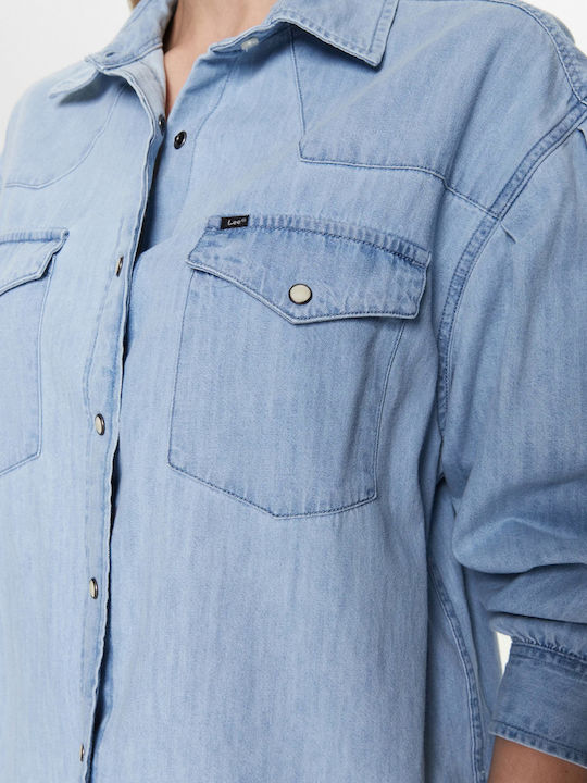 Western Mânecă lungă Femei Denim Cămașă Albastru deschis