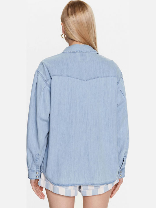 Western Mânecă lungă Femei Denim Cămașă Albastru deschis