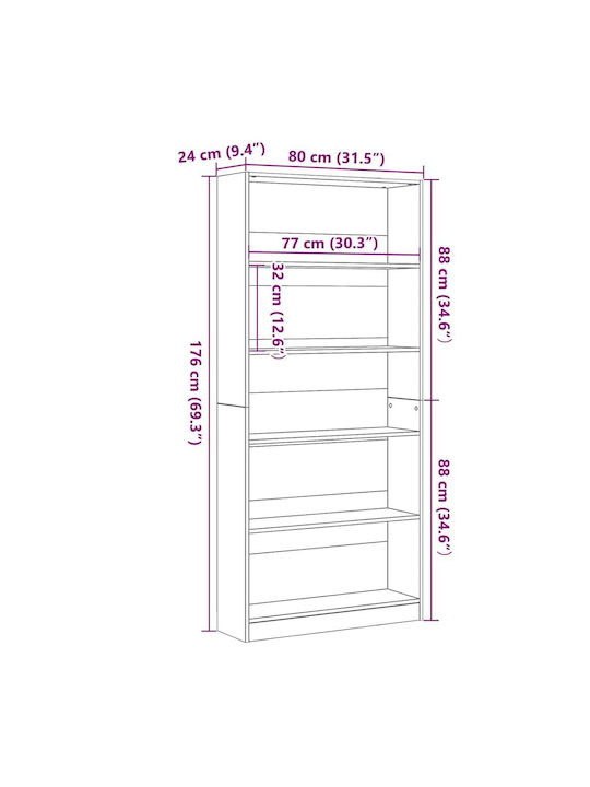Bibliotecă Neagră Stejar 80x24x176 cm