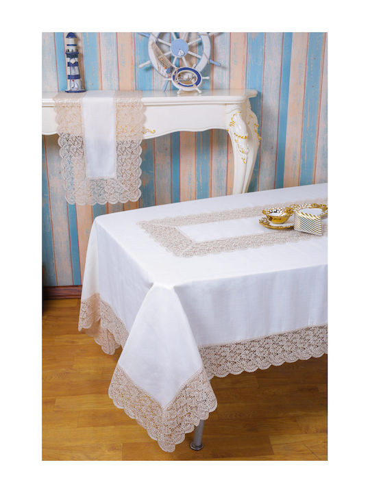 Qz1600053 Cappuccino Λινό Κέντημα Μεταξωτή Δαντέλα 60%linen 40%pol 160×260 Liolios Home