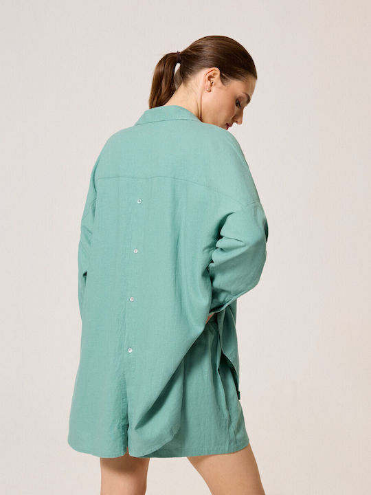 Langärmelig Damen Leinen Hemd Aqua
