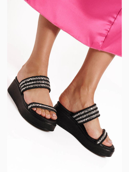 Black Leather Sandals with Woven Straps