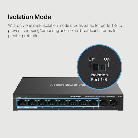 Mercusys MS110P Unmanaged L2 PoE+ Switch με 10 Θύρες Ethernet