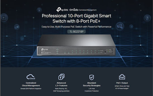 TP-LINK TL-SG2210P Managed L2 PoE Switch with 8 Ethernet Ports and 2 SFP Ports