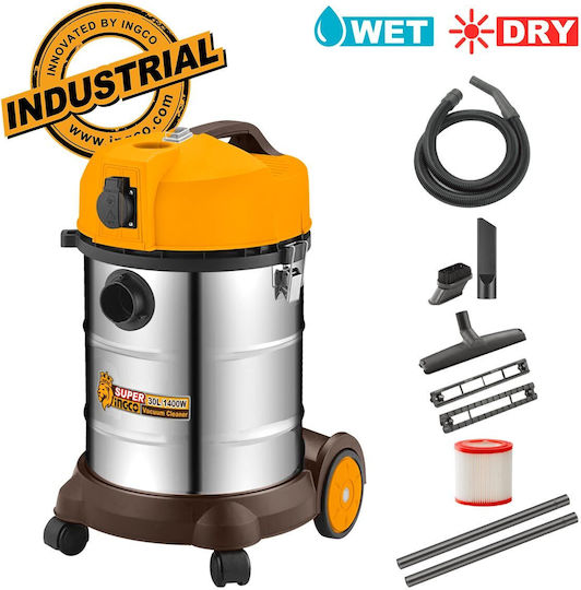 Ingco Staubsauger Flüssigkeiten / Feststoffe 1400W mit Kunststoff Behälter 30Es