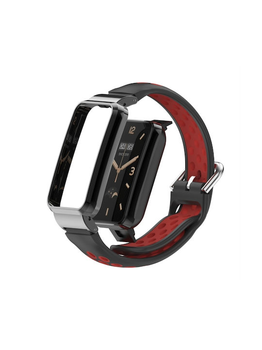 Силиконова каишка с метална рамка за Xiaomi Mi Band 7 Pro Черна + Червена