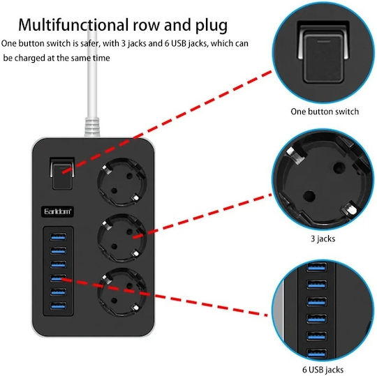Cablu prelungitor 6 porturi USB 3 prize universale 3000W 3.1A 1.8m protecție pentru copii împământare 15.8x9.8x3.8 cm negru gri