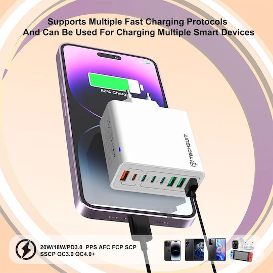 Techsuit Charger Without Cable with 4 USB-A Ports and 4 USB-C Ports 65W Power Delivery / Quick Charge 3.0 Whites (CHPD224)