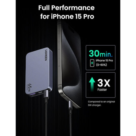 Ugreen Φορτιστής Χωρίς Καλώδιο GaN με Θύρα USB-A και 2 Θύρες USB-C 65W Power Delivery Γκρι (Nexode Pro)