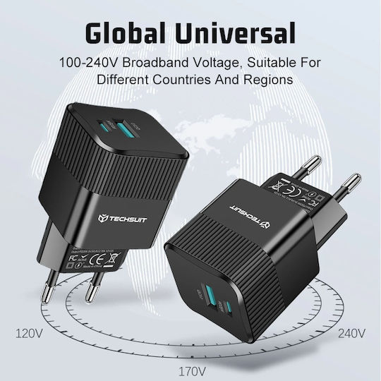 Techsuit Charger Without Cable GaN with USB-A Port and USB-C Port 25W Power Delivery / Quick Charge 3.0 Blacks (CHPD216)