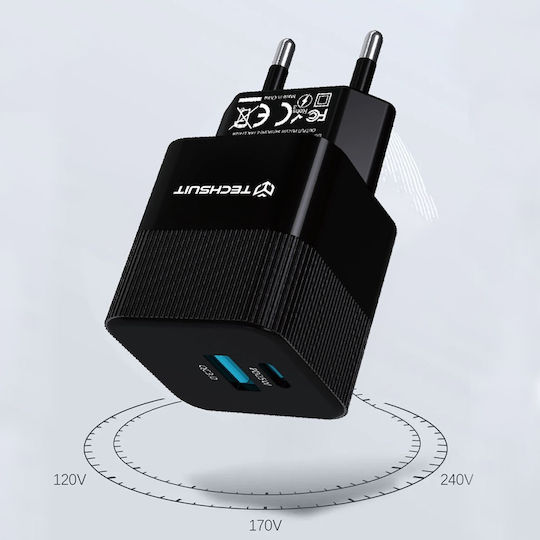 Techsuit Charger Without Cable GaN with USB-A Port and USB-C Port 25W Power Delivery / Quick Charge 3.0 Blacks (CHPD216)