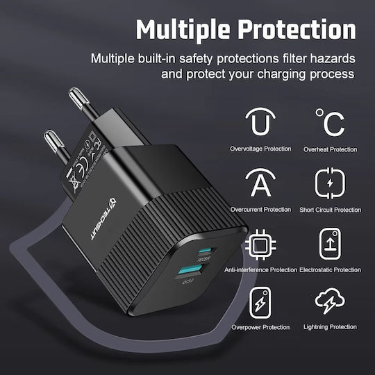 Techsuit Charger Without Cable GaN with USB-A Port and USB-C Port 25W Power Delivery / Quick Charge 3.0 Blacks (CHPD216)