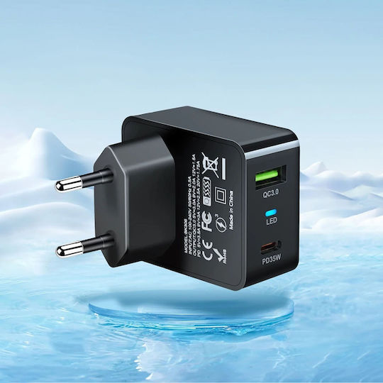 Techsuit Charger Without Cable GaN with USB-A Port and USB-C Port 35W Power Delivery / Quick Charge 3.0 Blacks (CHPD173)
