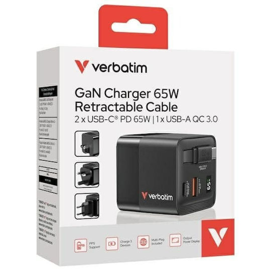 Verbatim Ladegerät mit integriertem Kabel GaN mit USB-A Anschluss und USB-C Anschluss USB-C 65W Stromlieferung / Schnellaufladung 3.0 Schwarzs (32217)
